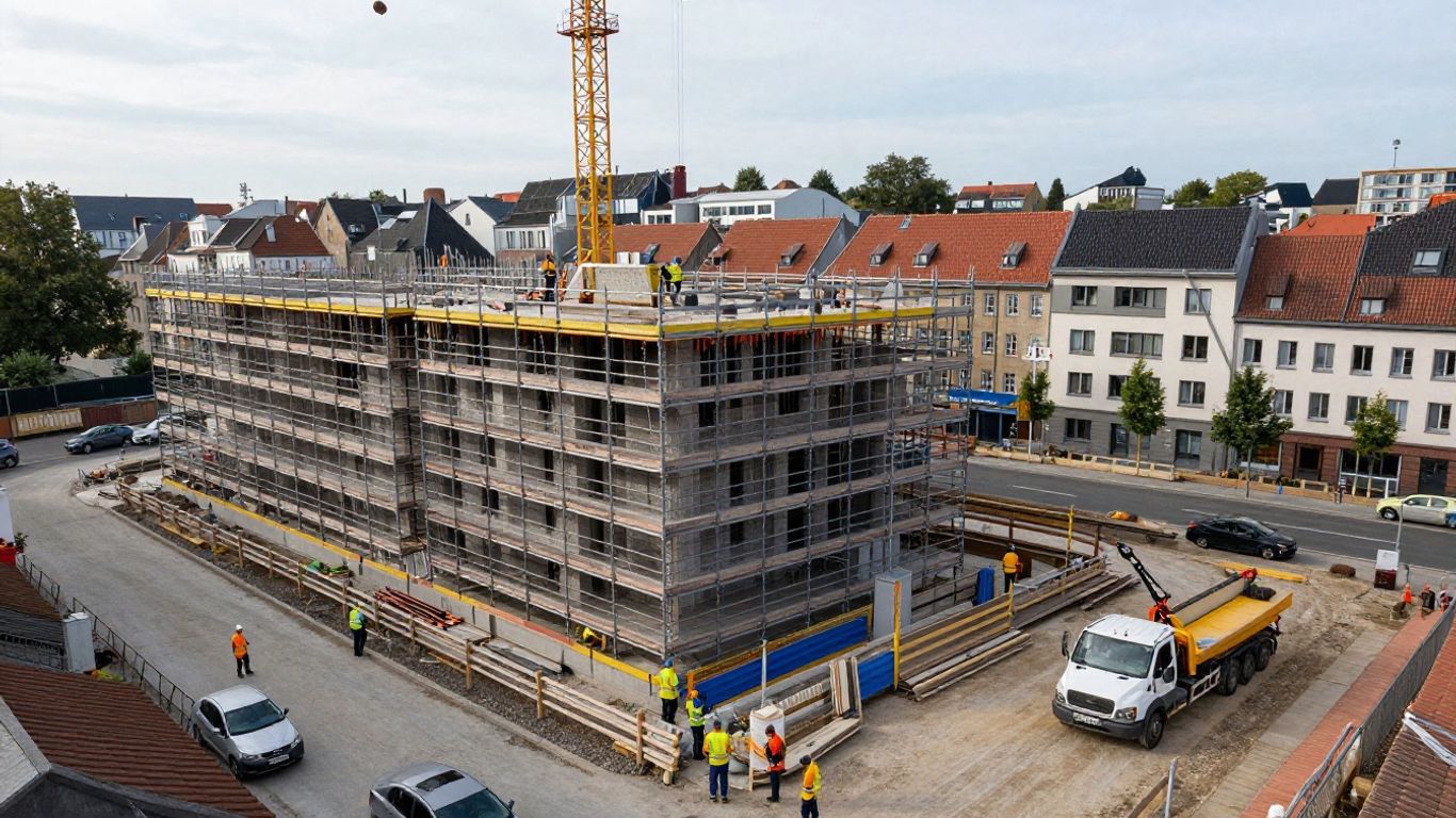 Eingerüsteter Rohbau eines mehrgeschossigen Wohnhauses mit Baukran, Kipper und Arbeitern in Warnwesten