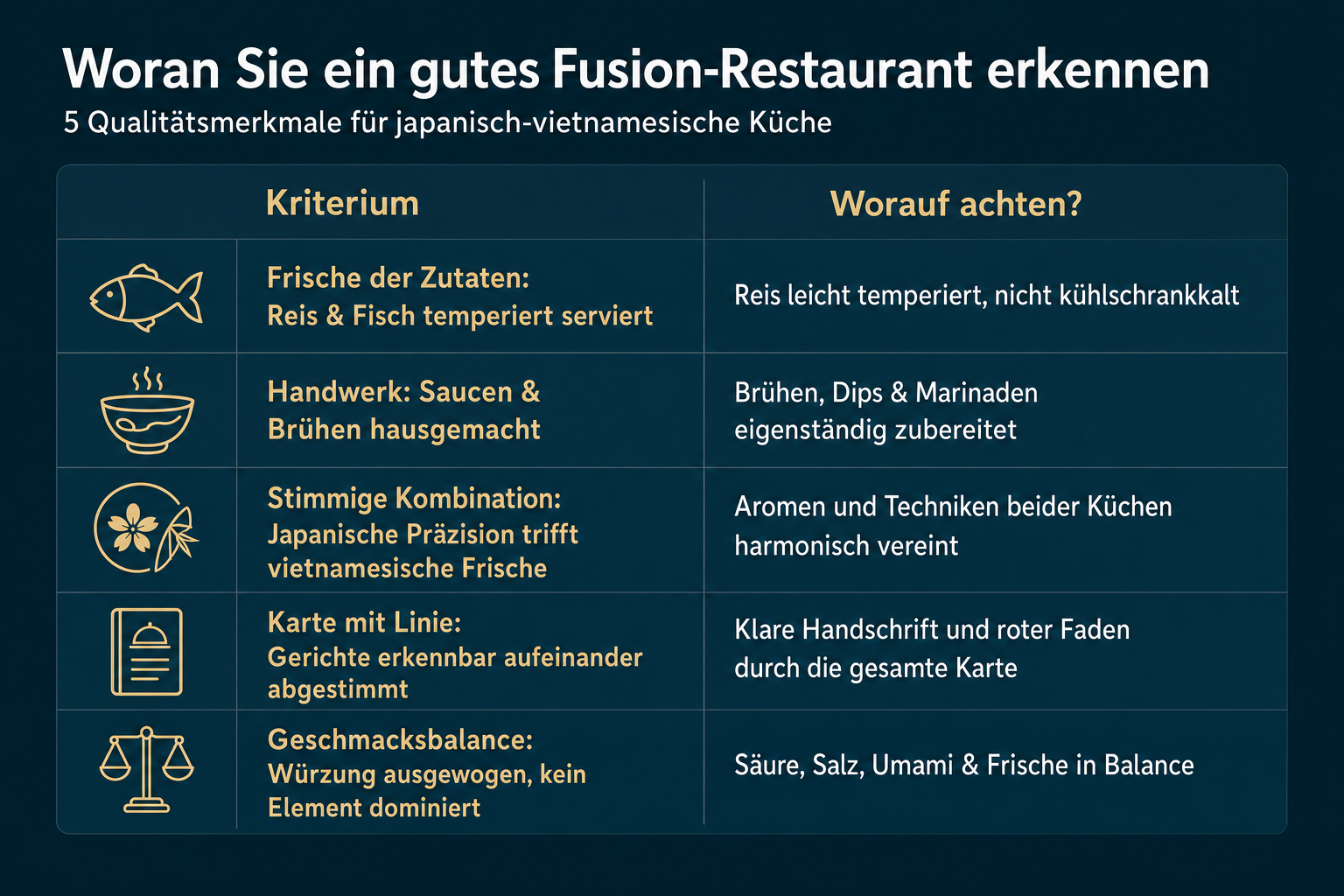 Infografik „Woran Sie ein gutes Fusion-Restaurant erkennen" mit fünf Qualitätsmerkmalen: Frische der Zutaten, Handwerk, stimmige Kombinationen, Karte mit Linie und Balance im Geschmack