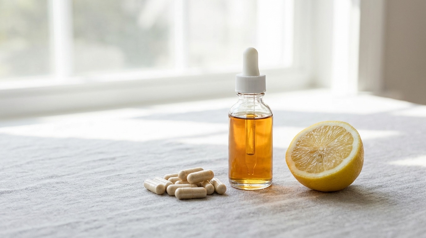 Vitamin-B12-Tropfen, Kapseln und eine frische Zitrone auf hellem Untergrund