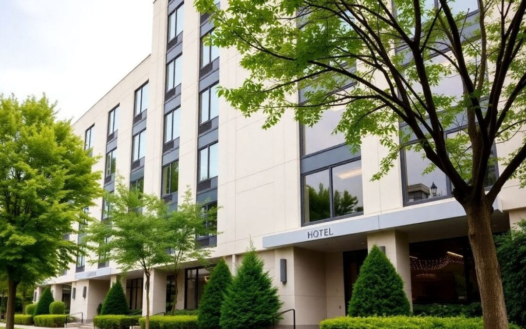 Ein modernes, mehrstöckiges Hotel Frankfurt mit großen Fenstern, umgeben von grünen Bäumen und gepflegten Sträuchern, bietet an einem hellen, teilweise bewölkten Tag eine ruhige Hotelatmosphäre.