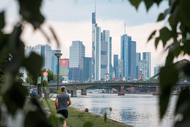 Eine Person joggt entlang eines Uferweges, dessen Blick von belaubten Ästen eingerahmt wird. Im Hintergrund sorgen Frankfurts moderne Metropole und eine Brücke über den Fluss für internationales Flair.